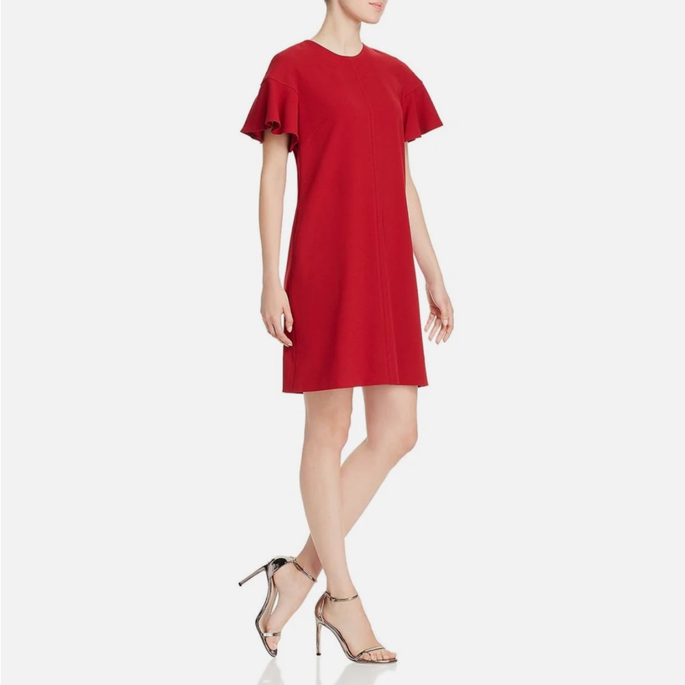 Elie Tahari Krystal Back Buttons Short Ruffle Sleeves Shift Dress Size 12 Red